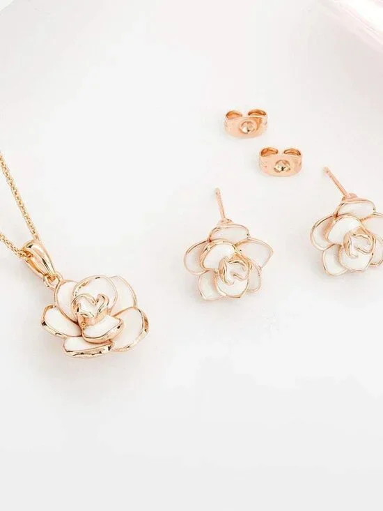 Rose Flower Necklace Earrings Set for Women 18K Gold Plated Hypoallergenic Jewel - Picture 5 of 8
